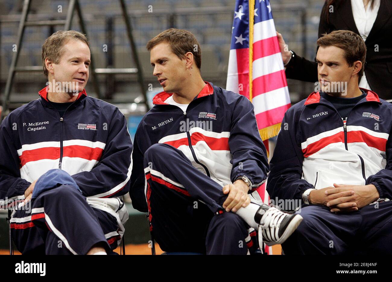 US Davis Cup team members (L-R), team captain Patrick McEnroe, Mike Bryan and Bob Bryan attend the draw for their Davis Cup tie in Belgrade March 4, 2010. Serbia will play against the US in the Davis Cup first round, starting on March 5 in Belgrade.  REUTERS/Ivan Milutinovic  (SERBIA - Tags: SPORT TENNIS) Stock Photo