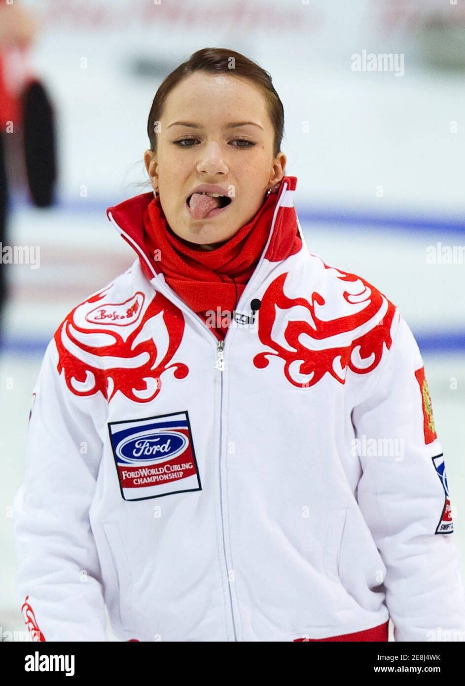 Russia skip Anna Sidorova reacts to her shot against Germany in their draw  during the World