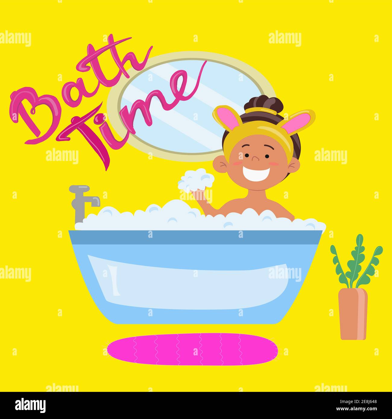 Vector cartoon with cheerfull smiling girl in yellow hand band with bunny  ears taking a bath full of soap foam and foam in her hand. yellow  background Stock Vector Image & Art -