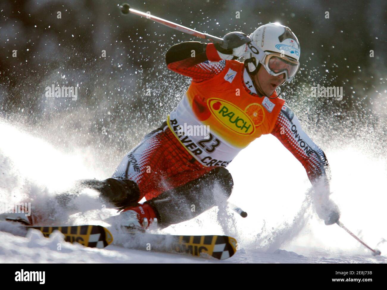 Kentaro Minagawa of Japan skis to the ninth best time in the men's World Cup slalom in Beaver Creek, Colorado December 4, 2005. Benjamin Raich of Austria came in first place while Italy's Giorgio Rocca came in second and Mario Matt of Austria third. REUTERS/Rick Wilking Stock Photo