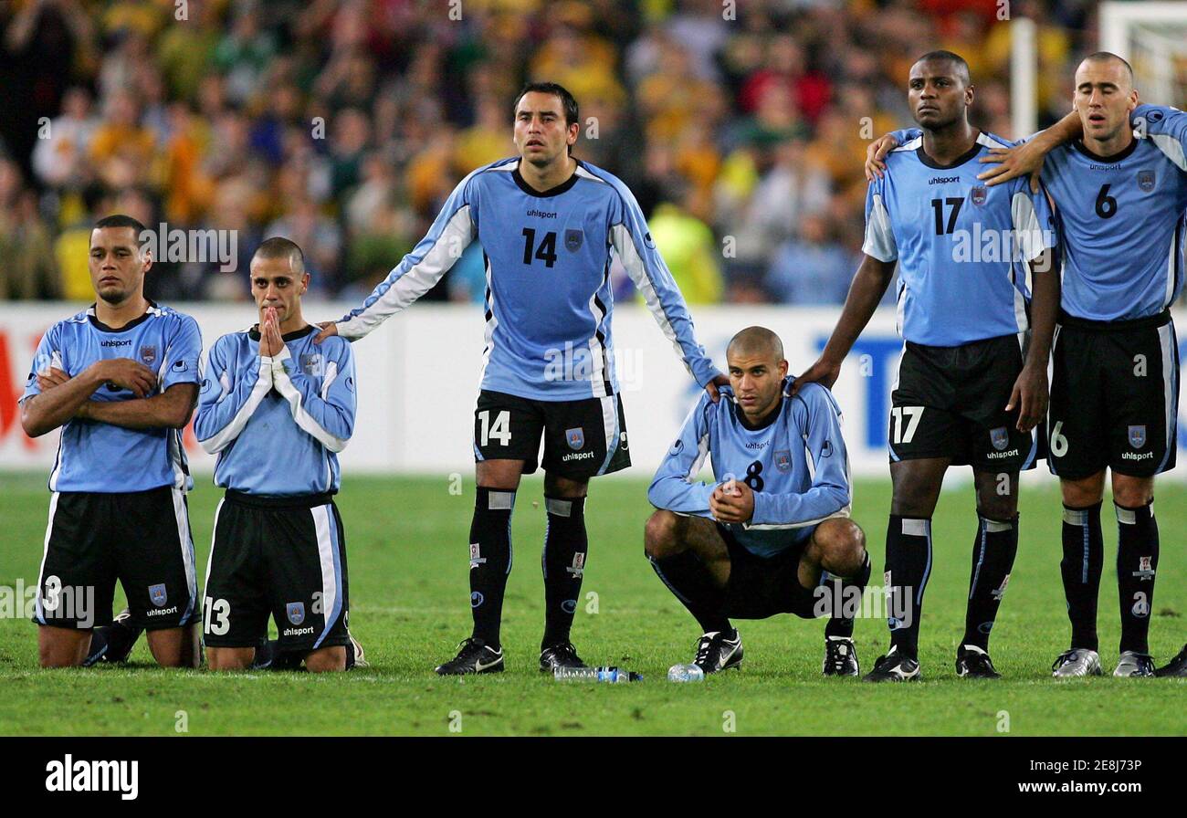 Uruguayan Soccer Team Members L R Dario Rodriguez Fabian Estoyanoff Marcelo Sosa Diego Carlos Marcelo Zalayeta And Guillermo Rodriguez React Before Losing A Penalty Shoot Out During Their Second Leg World Cup 06 Qualifying Uruguayan Soccer Team Members L R Dario Rodriguez Fabian Estoyanoff Marcelo Sosa Diego Carlos Marcelo Zalayeta And Guillermo Rodriguez React Before Losing A Penalty Shoot Out During Their Second Leg World Cup 06 Qualifying