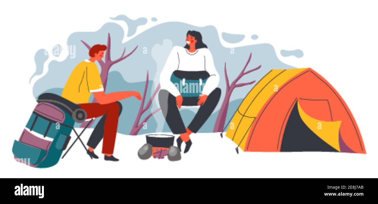 Camping people, man and woman sitting by tent Stock Vector Image & Art ...