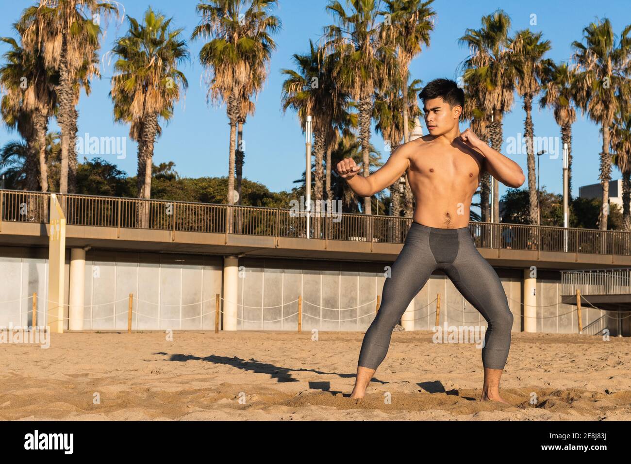 Focused young Asian male with naked torso standing in fighting position