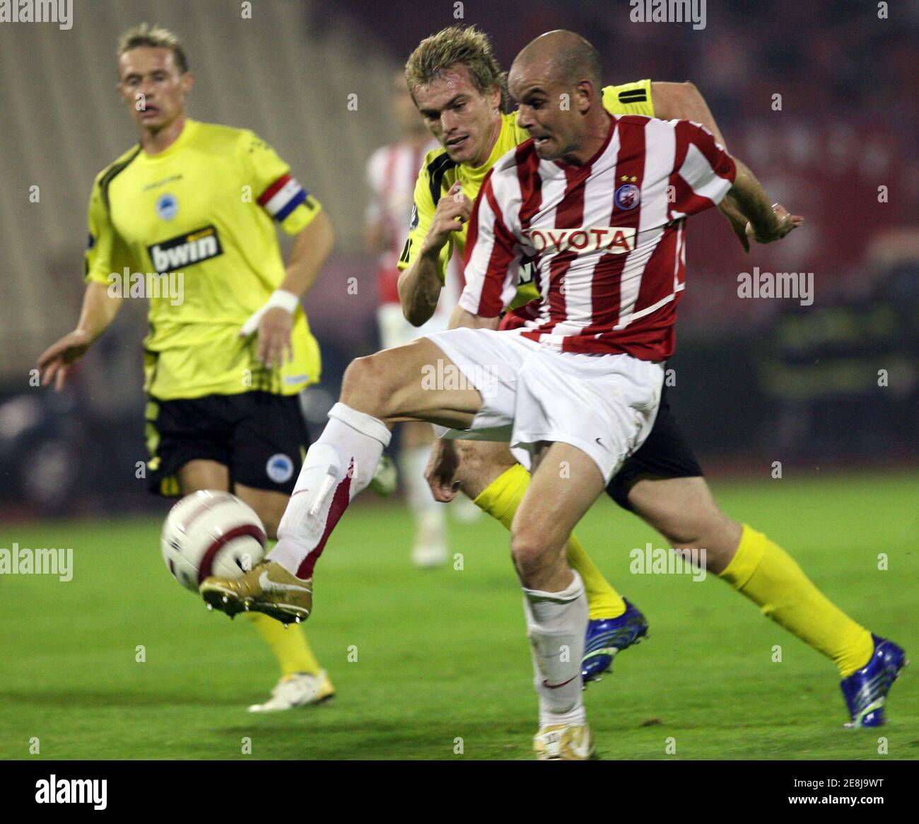 Dusan Djokic (front) of Red Star Belgrade fights for the ball with Peter Singlar of Slovan Liberec during their UEFA Cup first round, second leg soccer match in Belgrade September 28, 2006.  REUTERS/Ivan Milutinovic  (SERBIA) Stock Photo