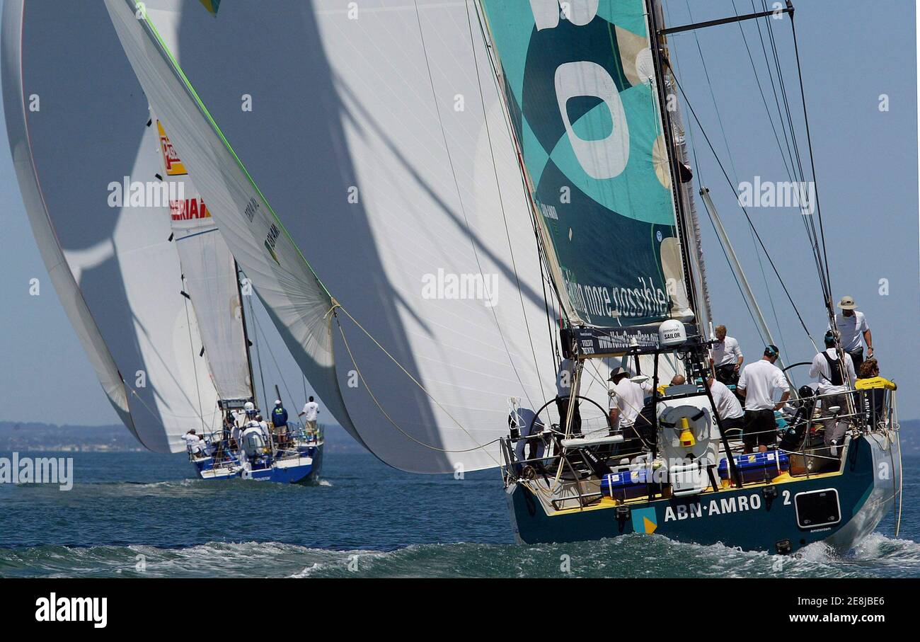 ABN AMRO 2 of the Netherlands trails Spain's Moviestar during the start of the 3rd leg of the Volvo Ocean Race in Melbourne February 12, 2006. REUTERS/David Callow Stock Photo