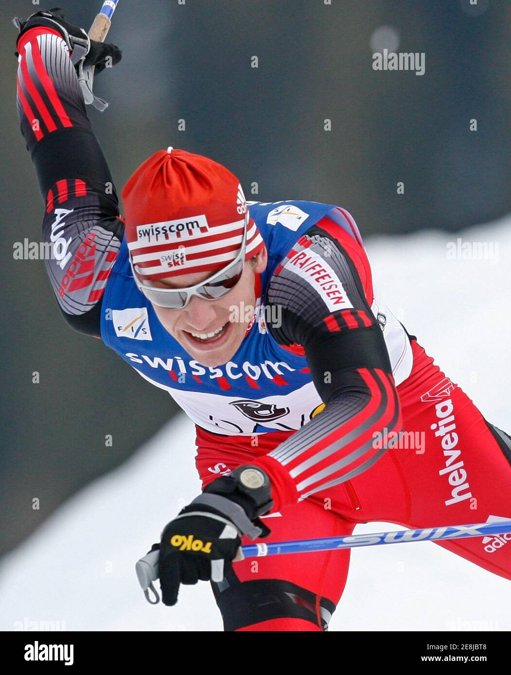 Toni Livers of Switzerland skies to victory during the men's FIS World Cup cross-country skiing 15 km classical individual race in Davos, February 3, 2007.  REUTERS/Miro Kuzmanovic  (SWITZERLAND) Stock Photo