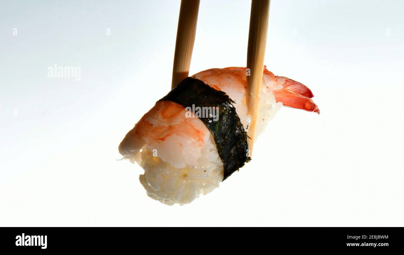 Ebi nigiri sushi with shrimp cooked in bamboo sticks Stock Photo Alamy
