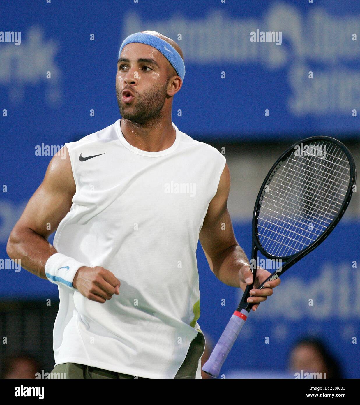 James Blake of the U.S. reacts after winning a point during his win over Carlos Moya of Spain in the Men's Singles title of the Sydney International Tennis Tournament at Olympic Park in Sydney January 13, 2007. REUTERS/Will Burgess  (AUSTRALIA) Stock Photo