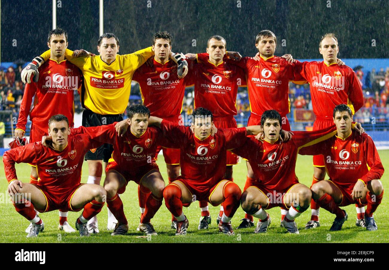 Montenegros national soccer team pose for photographers before their friendly match against Hungary in Podgorica March 24, 2007. Montenegro make their debut as an independent nation in Saturday's home friendly against Hungary.  REUTERS/Ivan Milutinovic  (MONTENEGRO) Stock Photo