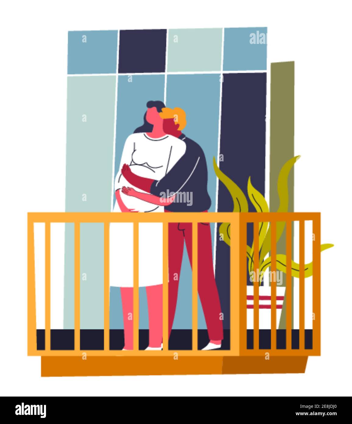 Pregnant wife and husband cuddling on balcony Stock Vector