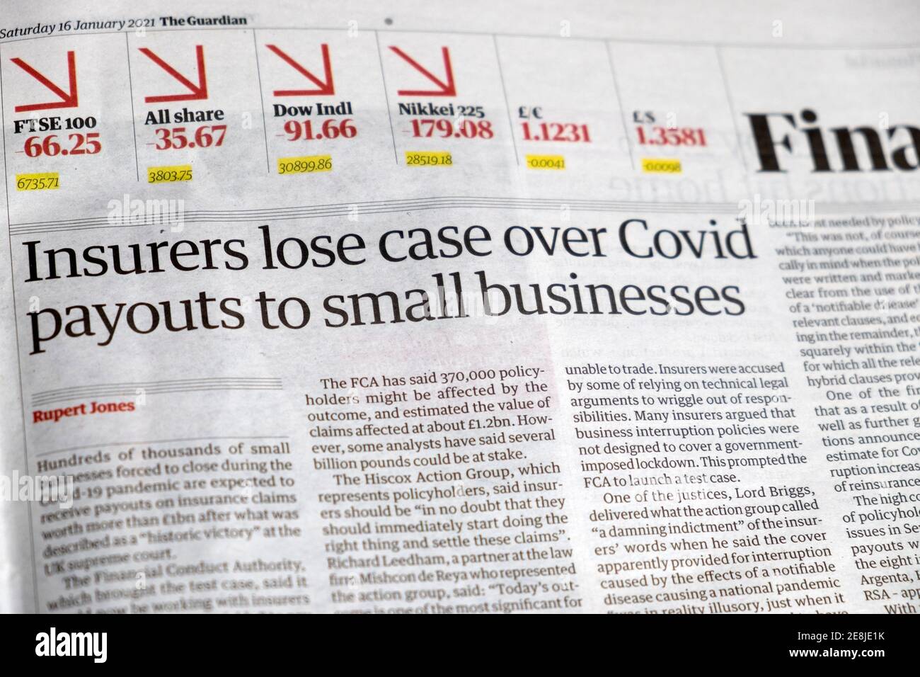 'Insurers lose case over Covid payouts to small businesses' Guardian news coronavirus covid 19 newspaper headline 16 January 2021 London UK Stock Photo