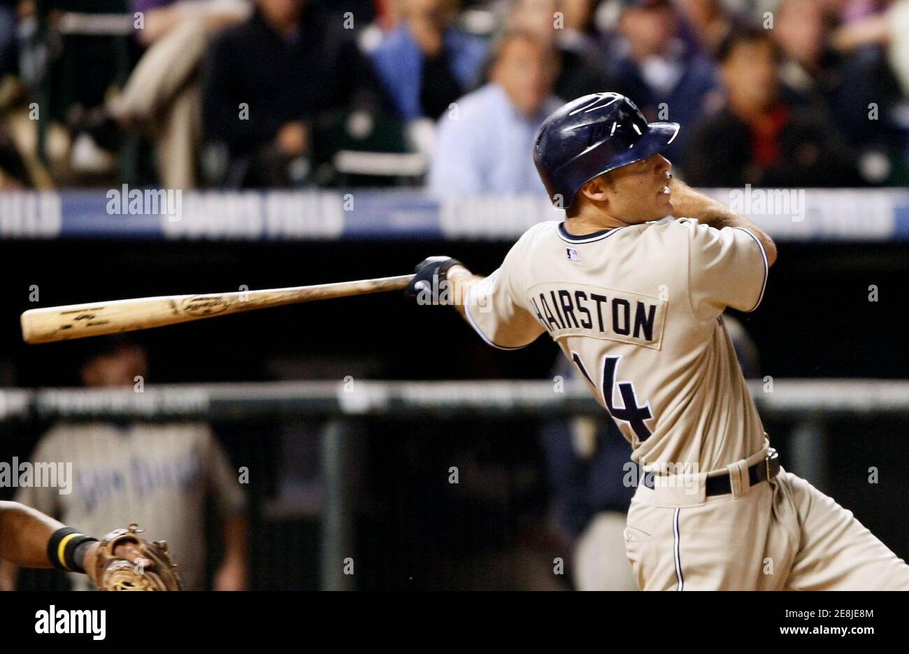 San Diego Padres' Scott Hairston hits a two run home run in the 13th inning of their MLB National League Wild Card tiebreaker baseball game against the Colorado Rockies in Denver, Colorado, October 1, 2007.     REUTERS/Rick Wilking (UNITED STATES) Stock Photo