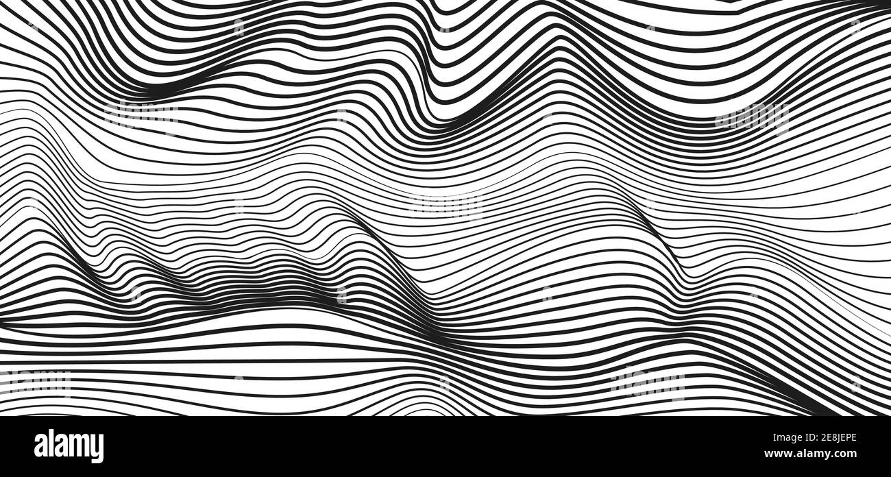 Squiggle thin curves. Abstract black, white striped background. Tech line art design. Optical illusion. Monochrome texture. Vector wave pattern. EPS10 Stock Vector