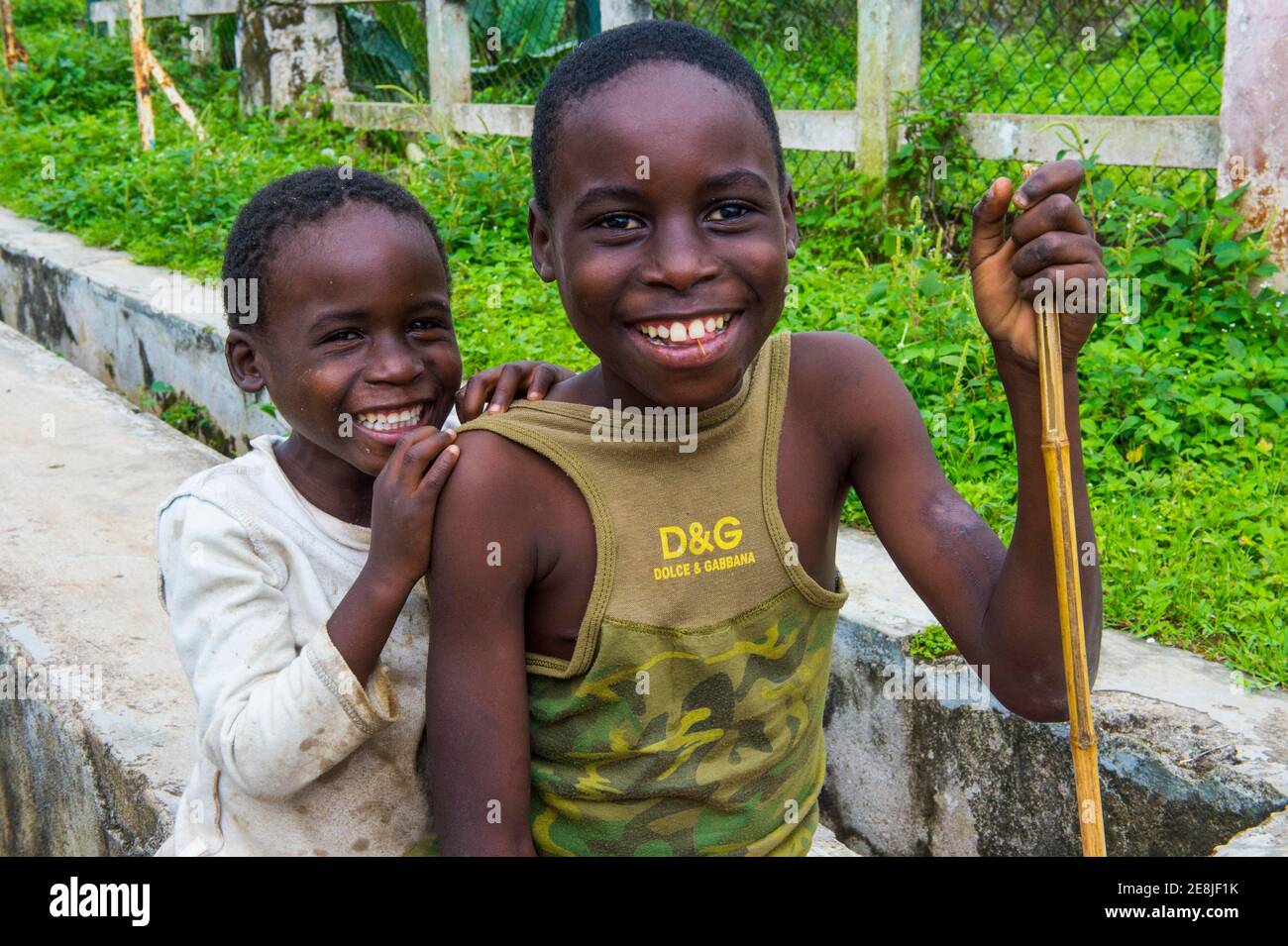 Curious young boys, Plantation Roca Monte Cafe, Sao Tome, Sao Tome and Principe, Atlantic ocean Stock Photo