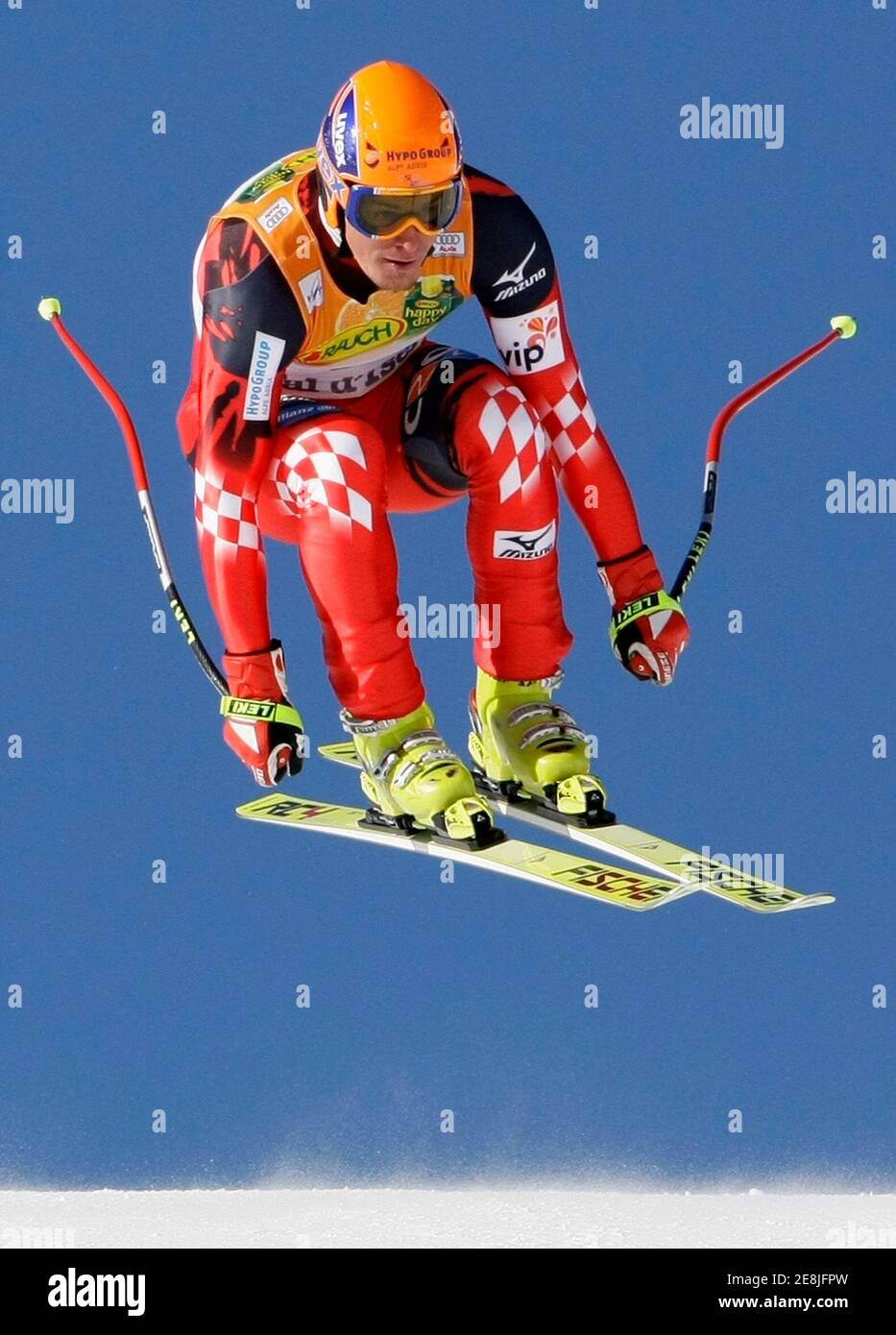 Ivica Kostelic of Croatia takes a jump downhill to finish second at the men's Alpine Skiing World Cup Super Combined event, that consists of one downhill and one slalom run, in Val d'Isere February 3, 2008. Bode Miller of the U.S. won ahead of Kostelic and Natko Zrncic-Dim of Croatia.  REUTERS/Pascal Lauener   (FRANCE)REUTERS/Pascal Lauener (FRANCE) Stock Photo