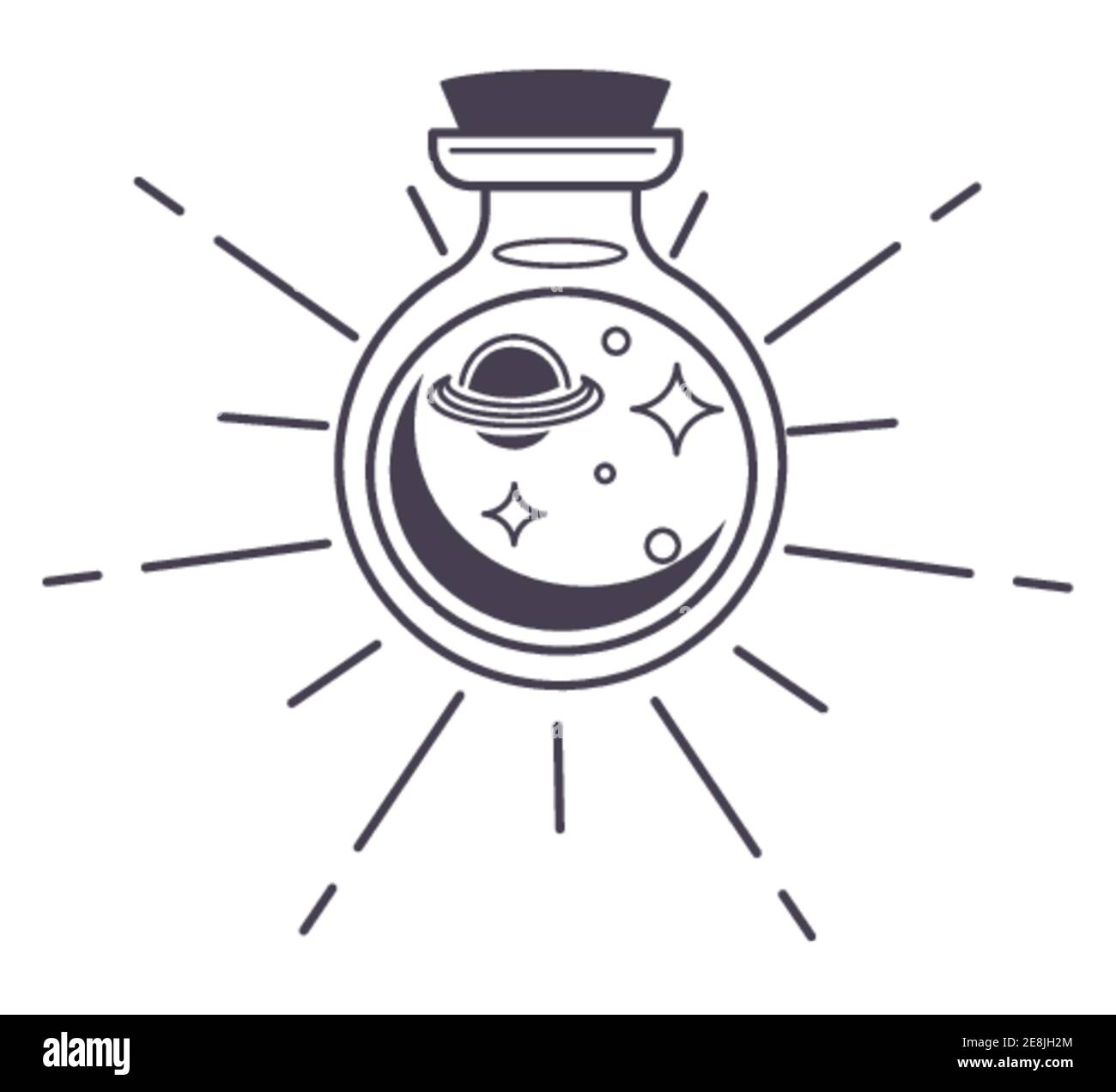 Bottle with magic potion or spell, planets stars Stock Vector