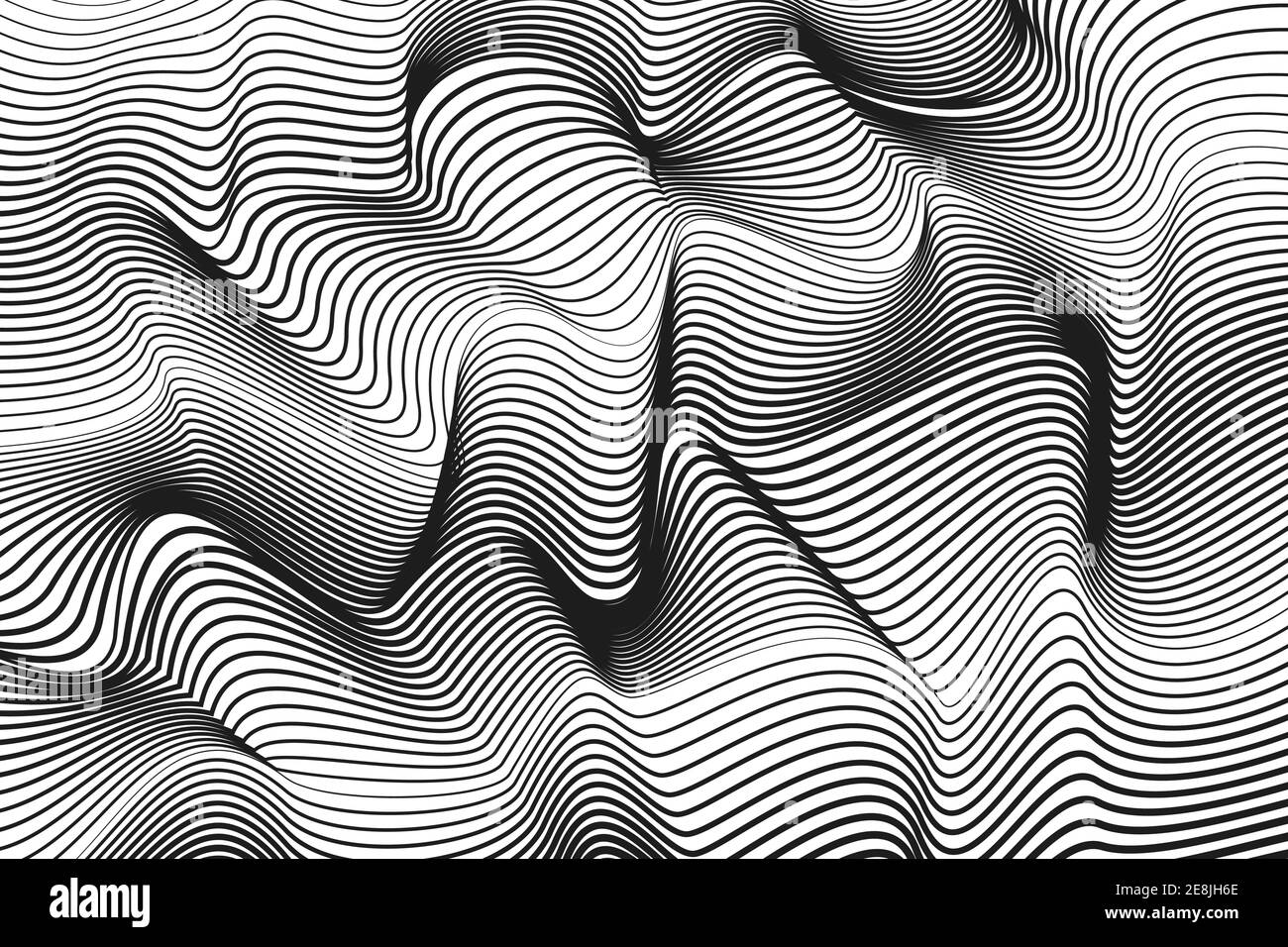 Black and white striped pattern. Flowing bw curves. Abstract squiggly lines. Vector op art design. Radio, sound wave. Monochrome background. EPS10 Stock Vector
