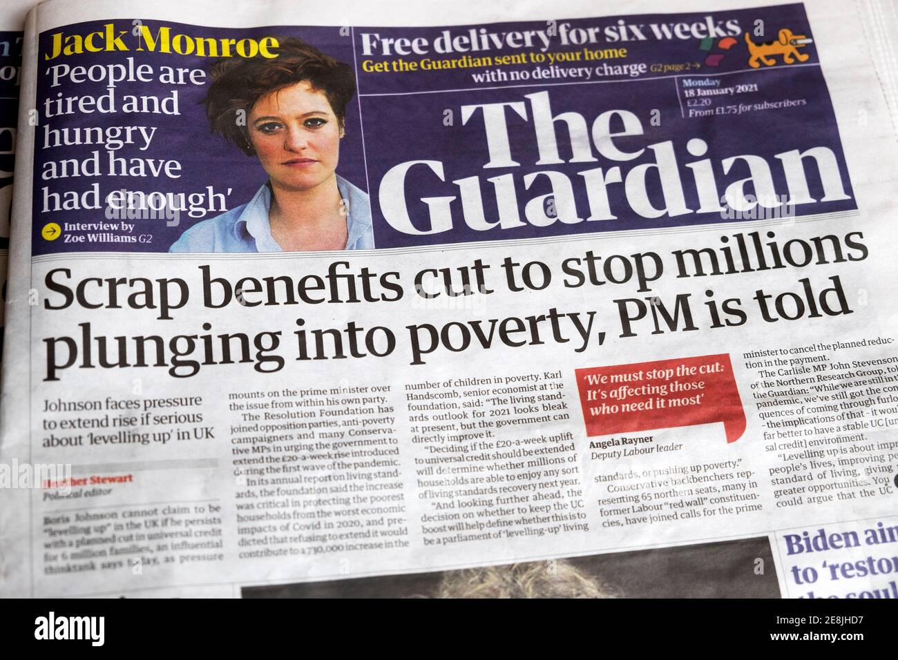 'Scrap benefits cut to stop millions plunging into poverty, PM is told' Guardian news newspaper headline 18 January London UK Stock Photo