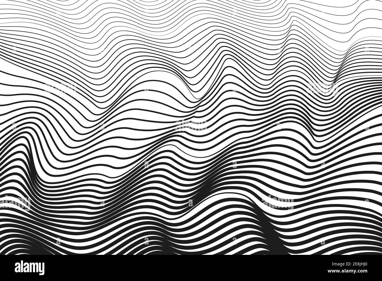 Black squiggle curves, white background. Abstract line art design. Vector  optical illusion. BW striped pattern. Radio, sound waves concept. EPS10 Stock Vector