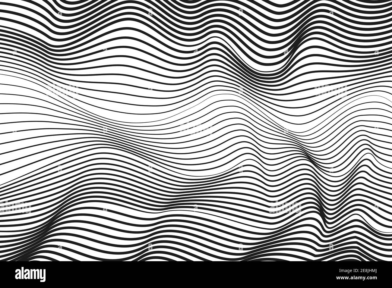 Black undulating lines, techno concept. Abstract striped pattern. White background. Vector op art design. Radio, sound waves. Optical illusion. EPS10 Stock Vector