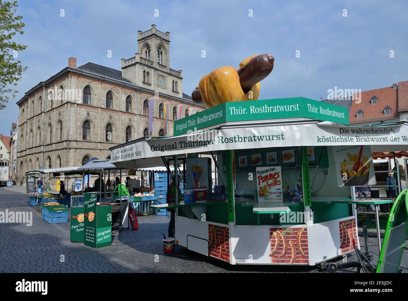 Bratwurst stand in front of the town hall, market place, Weimar