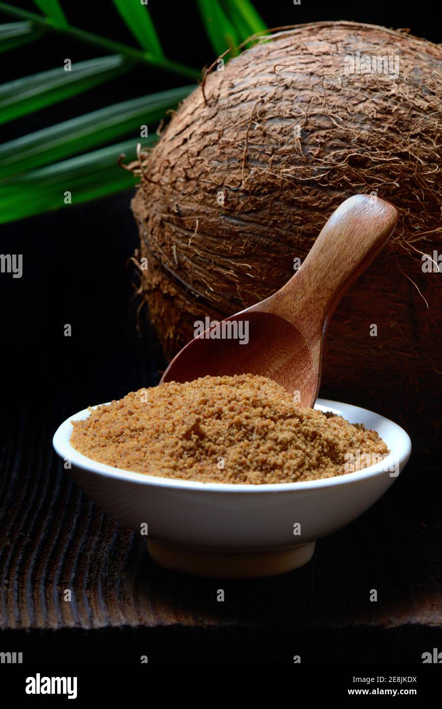 Coconut blossom sugar in shell and coconut Stock Photo