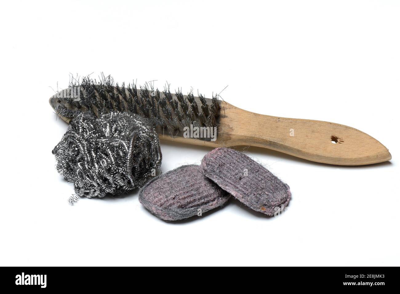Steel brush and steel chips and steel wool, soap-steel wool sponge with detergent Stock Photo