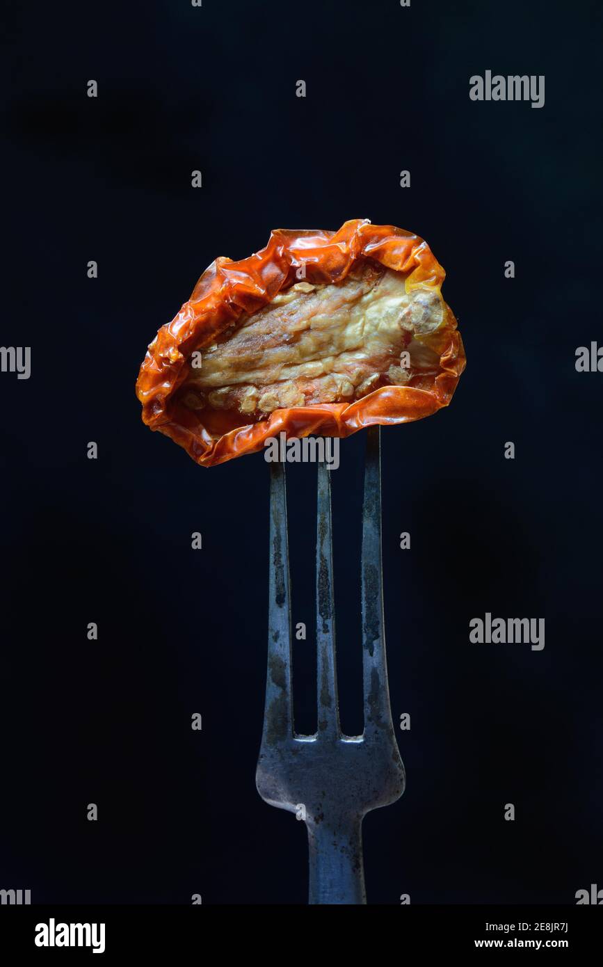 Dried tomato on fork, Lycopersicon esculentum, Solanum lycopersicum Stock Photo
