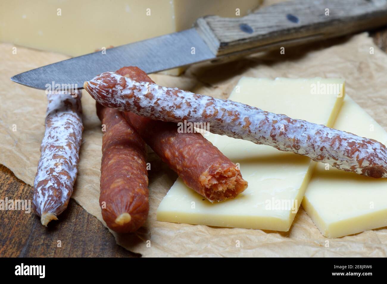Different kinds of sausages and cheese slices Stock Photo