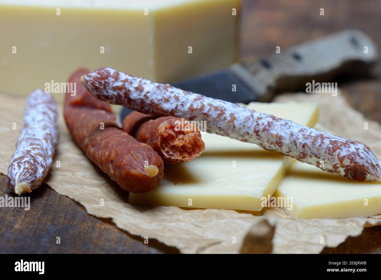 Different kinds of sausages and cheese slices Stock Photo