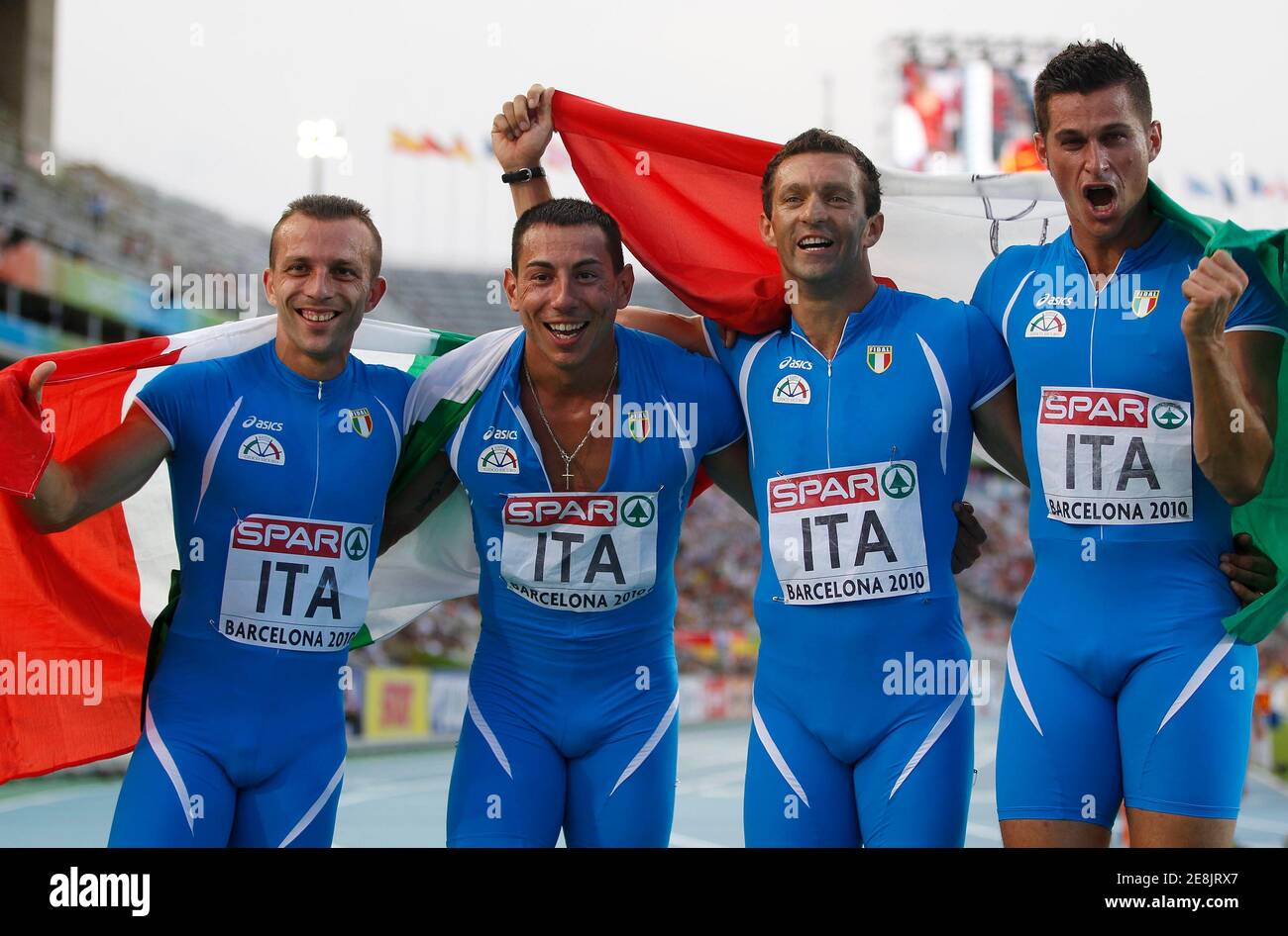 Emanuele Di Gregorio, Simone Collio, Maurizio Checcucci and Roberto Donati  (L-R) of Italy celebrate after winning the silver medals in the men's 4 x  100 metres relay final at the European Athletics