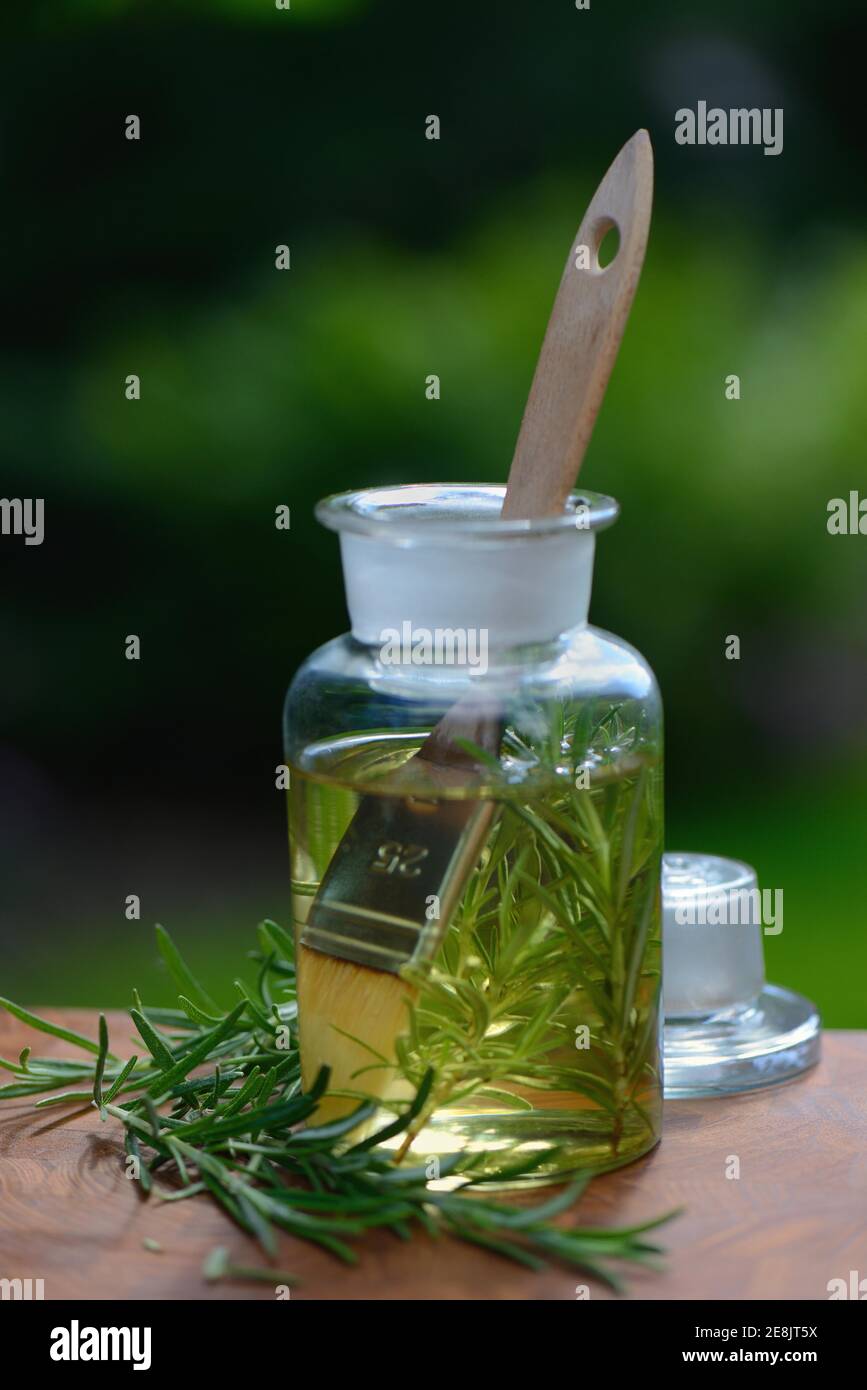 Rosemary oil, Rosemary oil in bottle, with brush, Rosmarinus