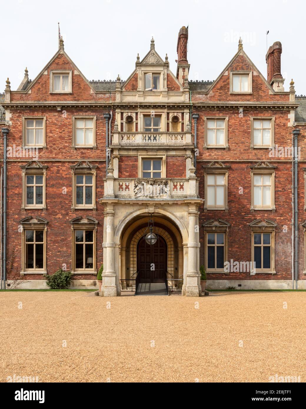 UK, Norfolk, Sandringham Estate, 2019, April, 23: East Front Entrance Detail of the house, Sandringham House, Queen Elizabeth II's country residence i Stock Photo