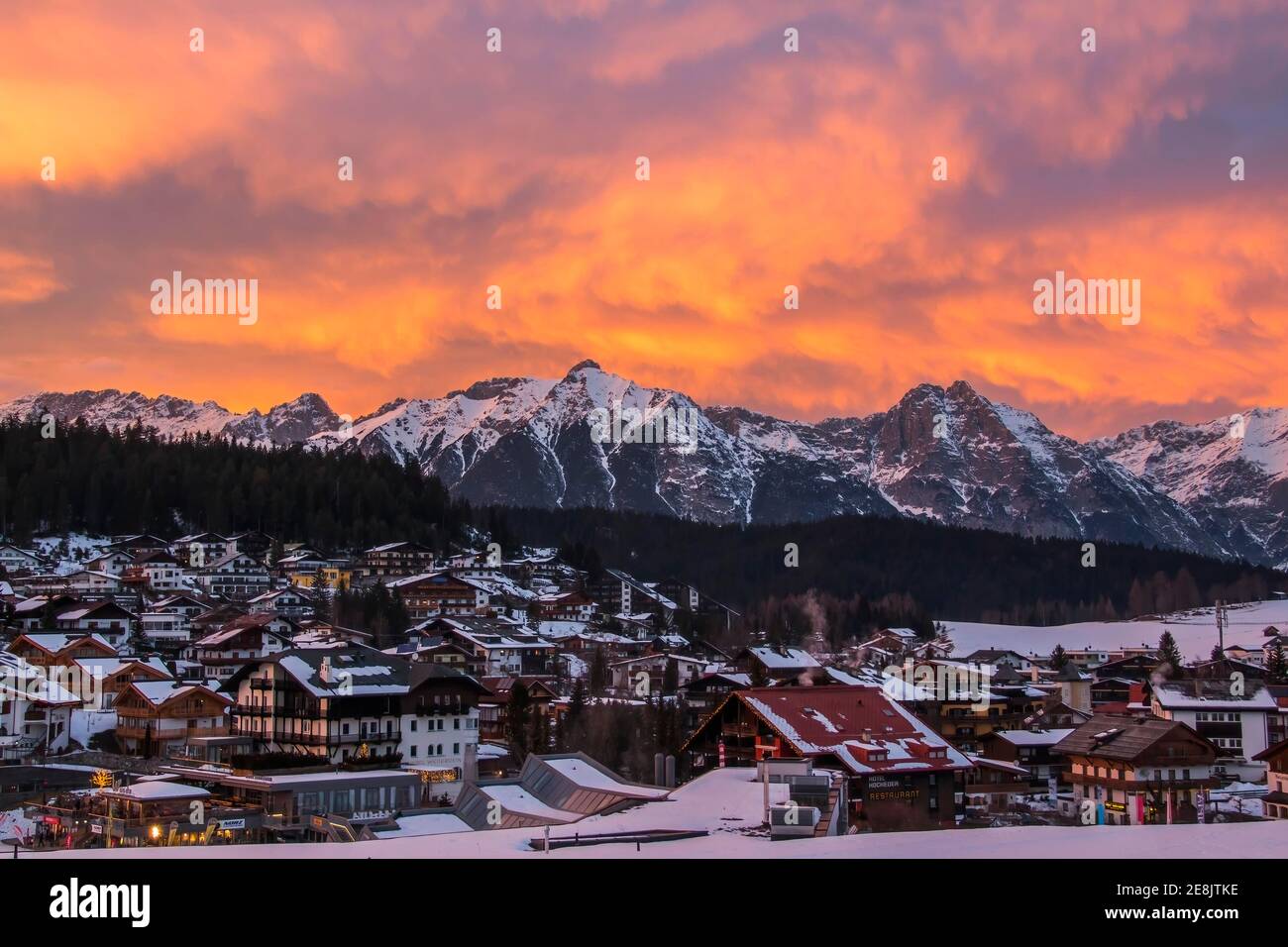 Village view Seefeld in Tyrol with Wetterstein mountains, sunset, Seefeld, Tyrol, Austria Stock Photo
