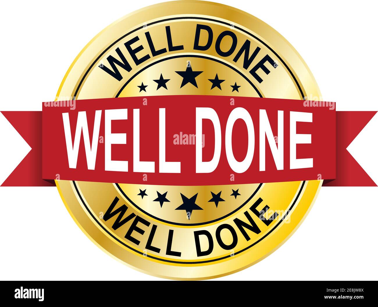 well done 3d gold badge with red ribbon Stock Vector