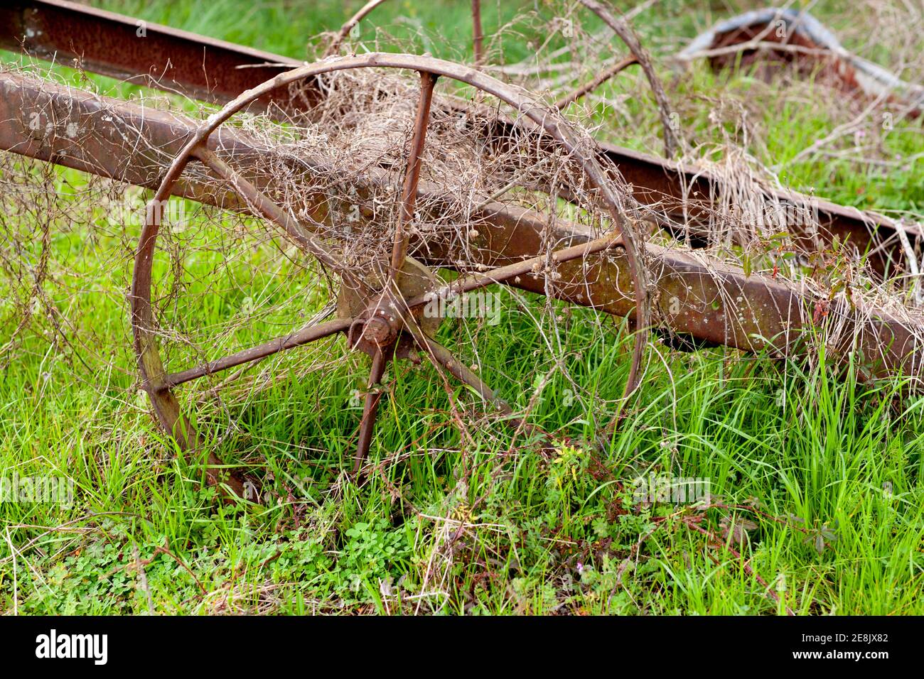 An old iron spoked wheel on the frame of a farm trailer, in Chrysler, Alabama Stock Photo