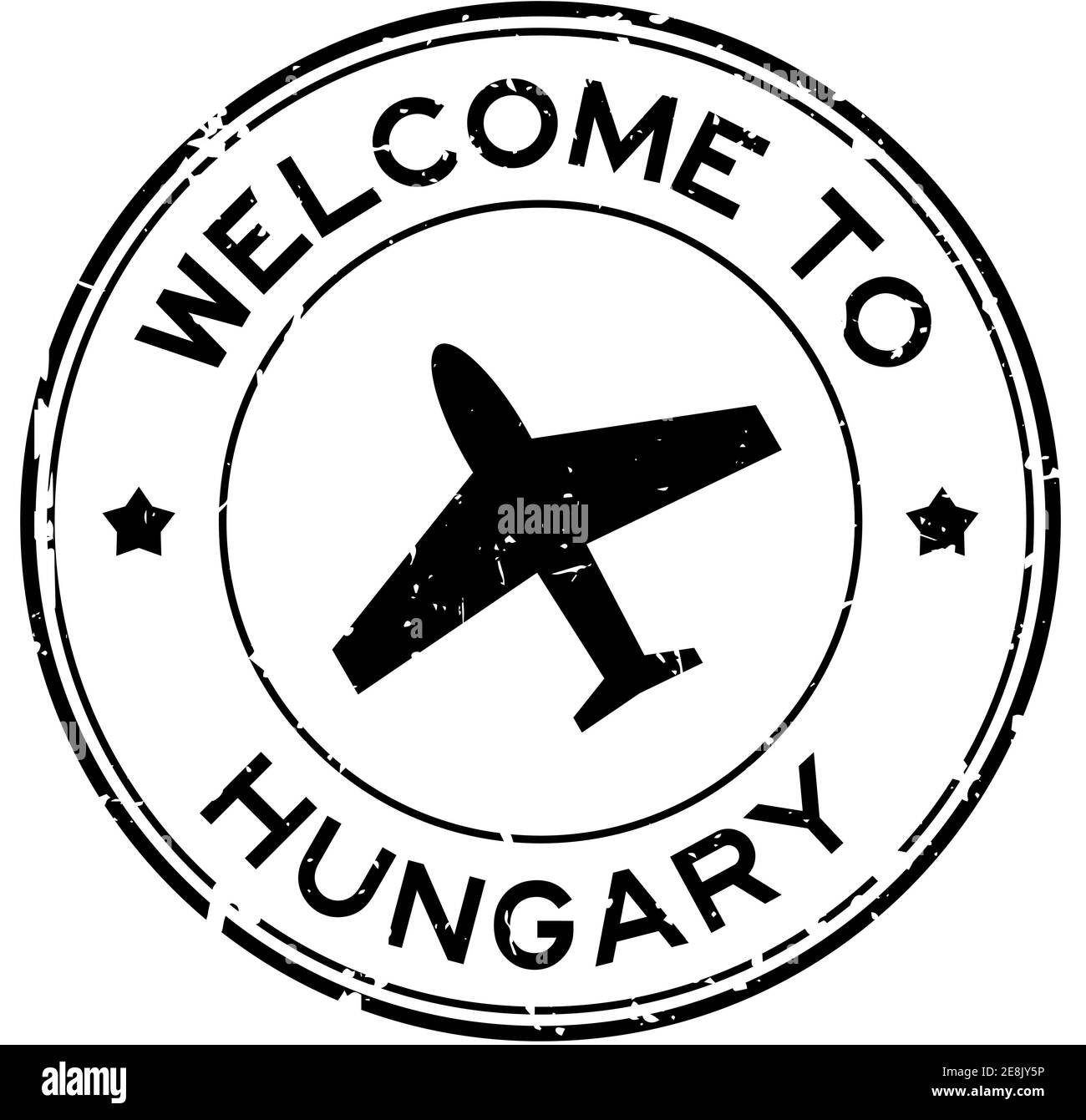 Grunge black welcome to Hungary word with airplane icon round rubber seal stamp on white background Stock Vector