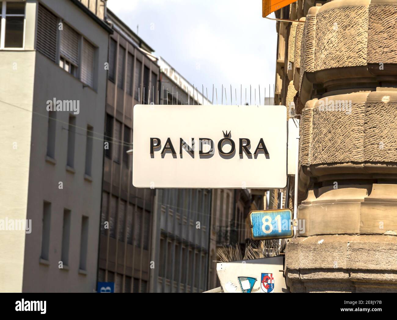 Pandora store in Basel. Pandora is a company that designs, manufactures and markets hand-finished and modern jewelry. It was founded at 1982. Stock Photo