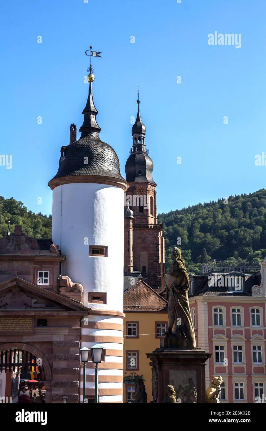Heidelberg, Germany - Carl Theodore bridge with iconic twin towers and gate. German Tourist Destination. Stock Photo