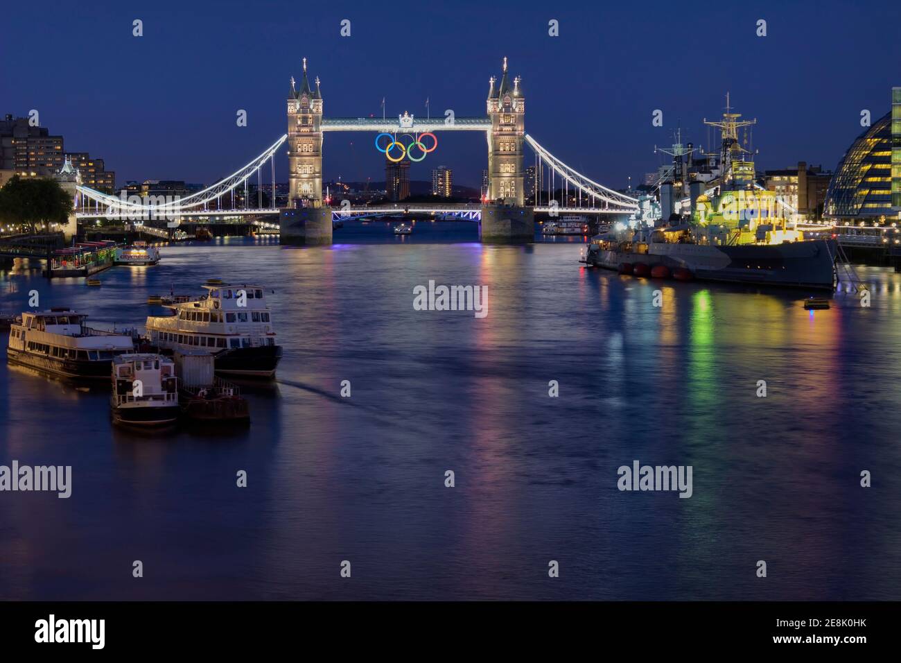 LONDON - AUGUST 2012; Tower Bridge with Olympic rings during the Olympic Games. Stock Photo