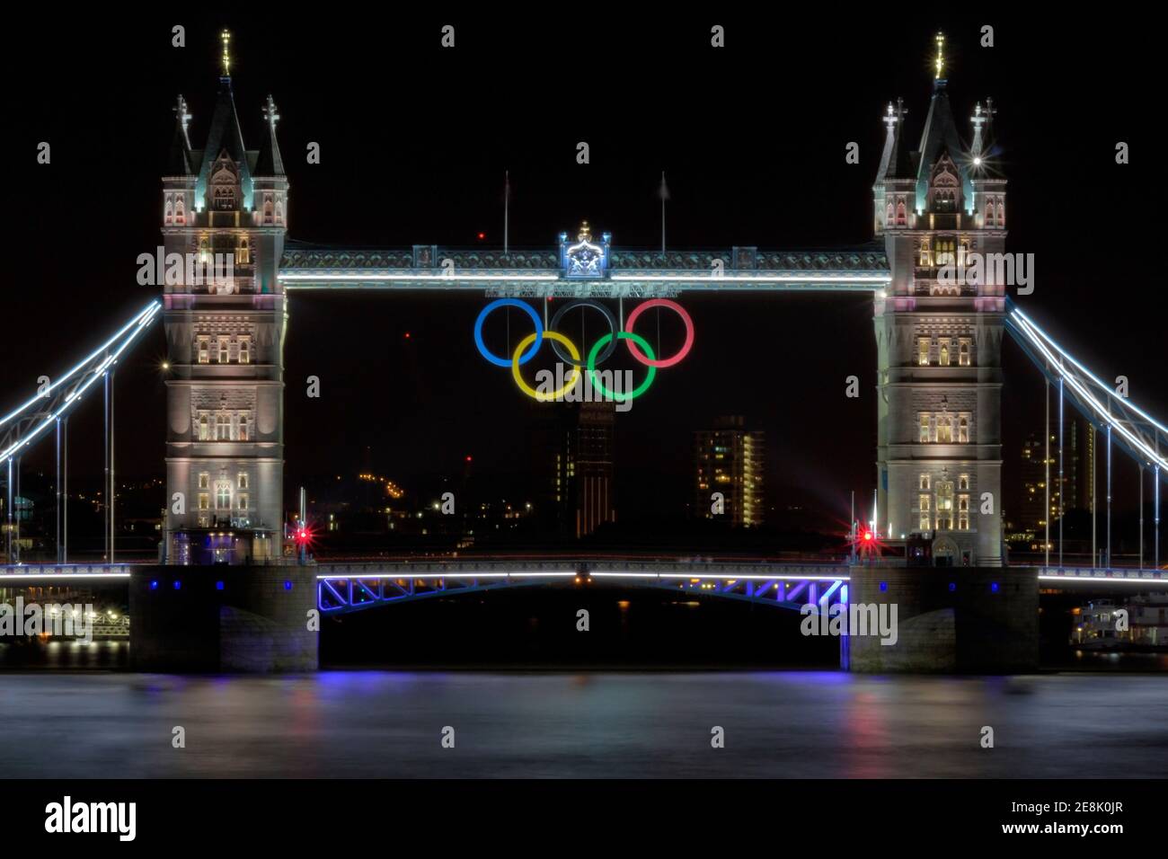 LONDON - AUGUST 2012; Tower Bridge with Olympic rings during the Olympic Games. Stock Photo