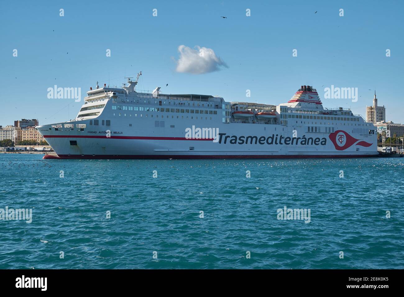 Transmediterranea, ferry between Malaga and Melilla, port of Malaga, Andalusia, Spain. Stock Photo