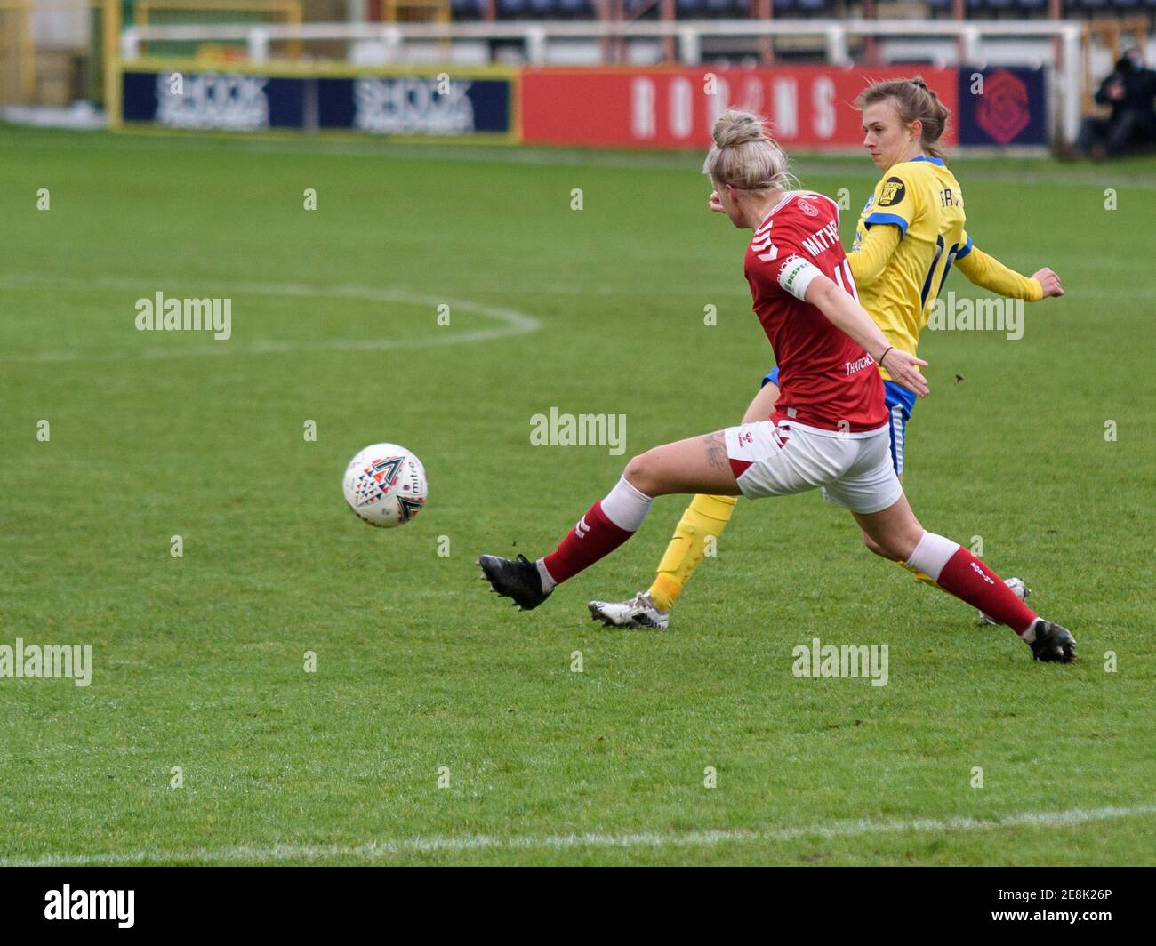 Bath, UK. 27th July, 2014. Jasmine Matthews (C) (#4 Bristol City)in a duel for the ball with Ellie Brazil (#16 Brighton & Hove Albion) Credit: SPP Sport Press Photo. /Alamy Live News Stock Photo