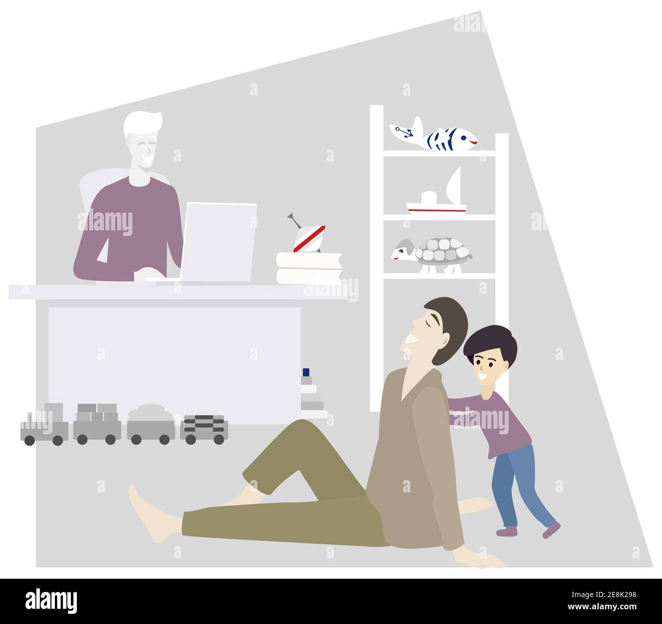 Gay parents and their child in the room. Families moments concept. Happy family spending time together at home. Domestic life. Vector illustration Stock Vector