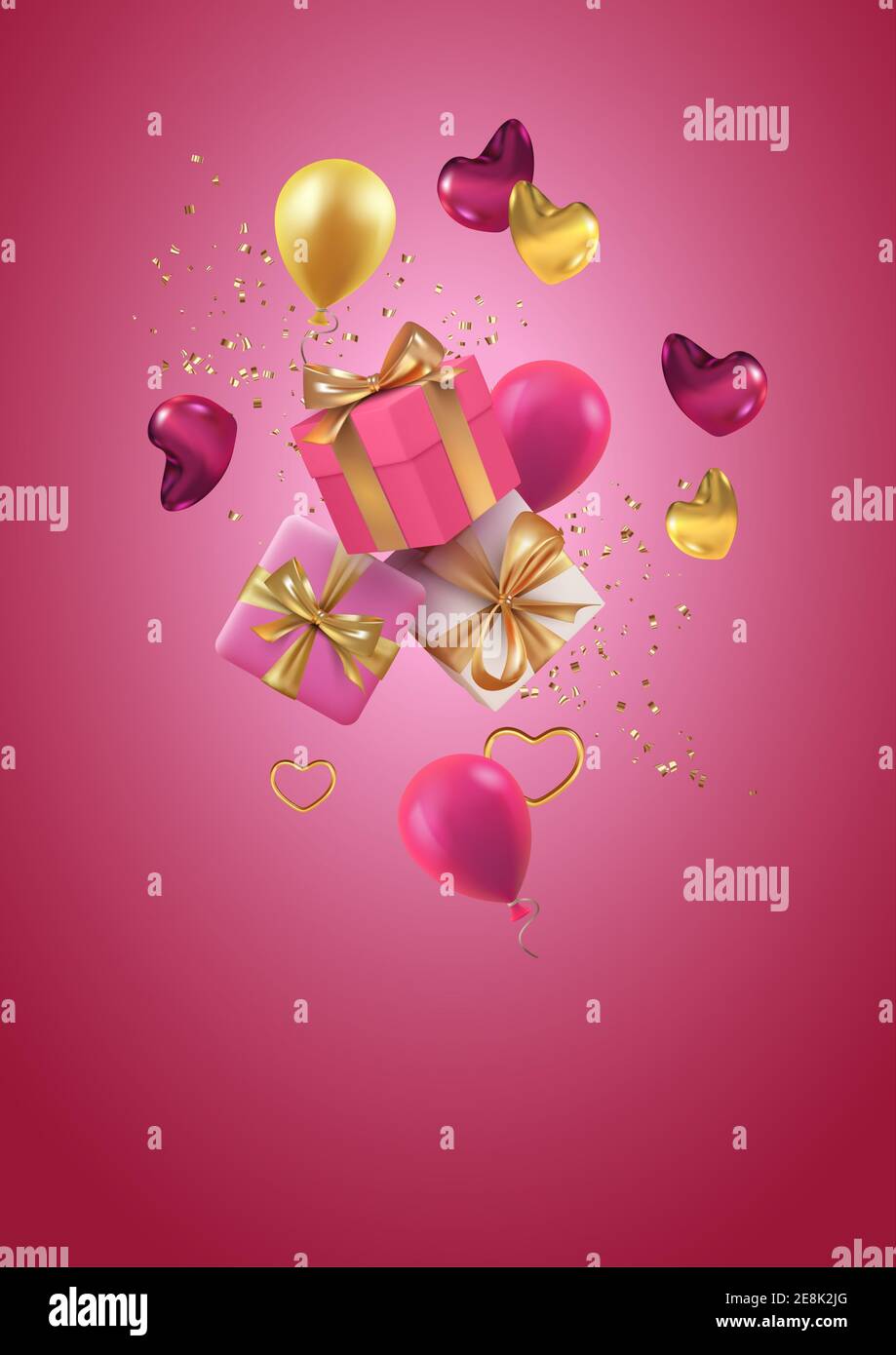 Valentine's day banner with flying gift box, hearts and balloons. 3d ...