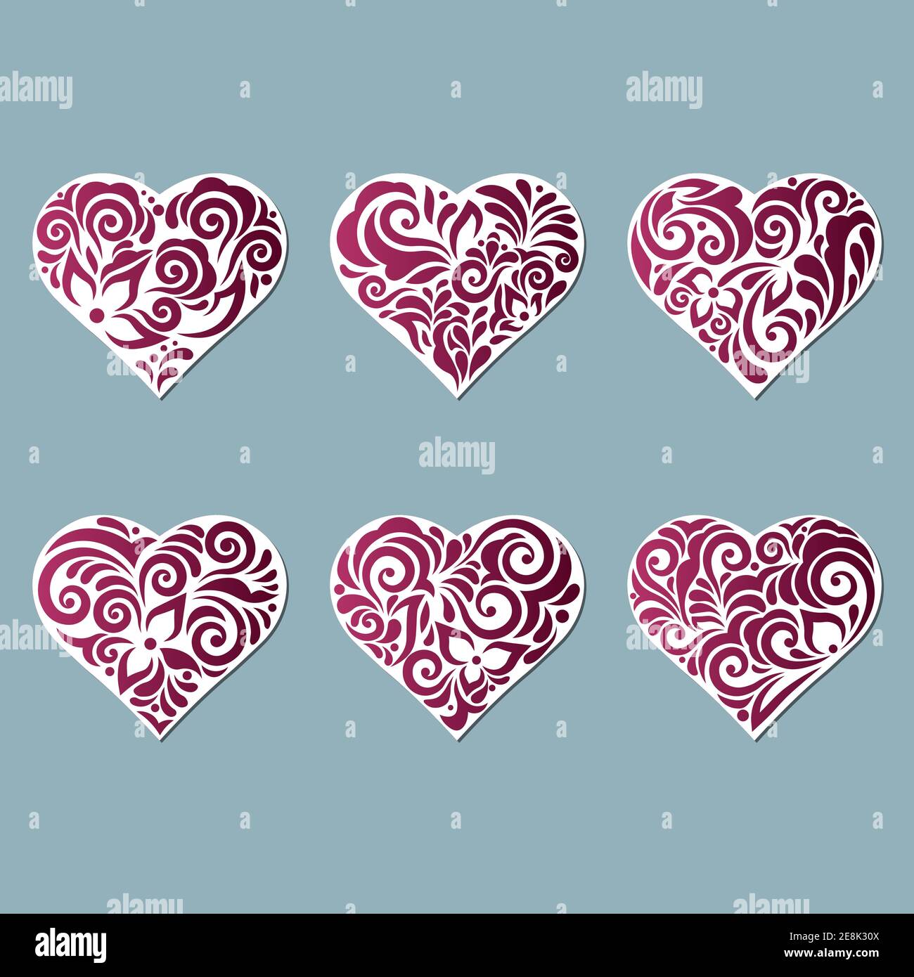 Set stencil hearts with patterns of leaves and flowers. Template for ...