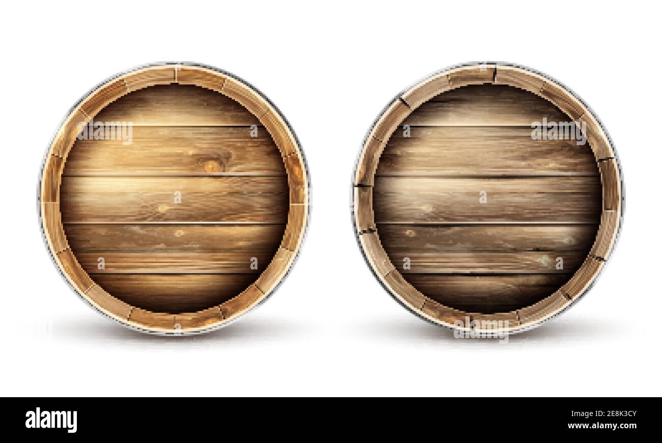 Download Wooden Barrels For Wine Beer Or Whiskey Set Top View Realistic Cask Made Of Oak Wood Keg For Rum Or Cognac Isolated On White Background Roll Conta Stock Vector Image Art