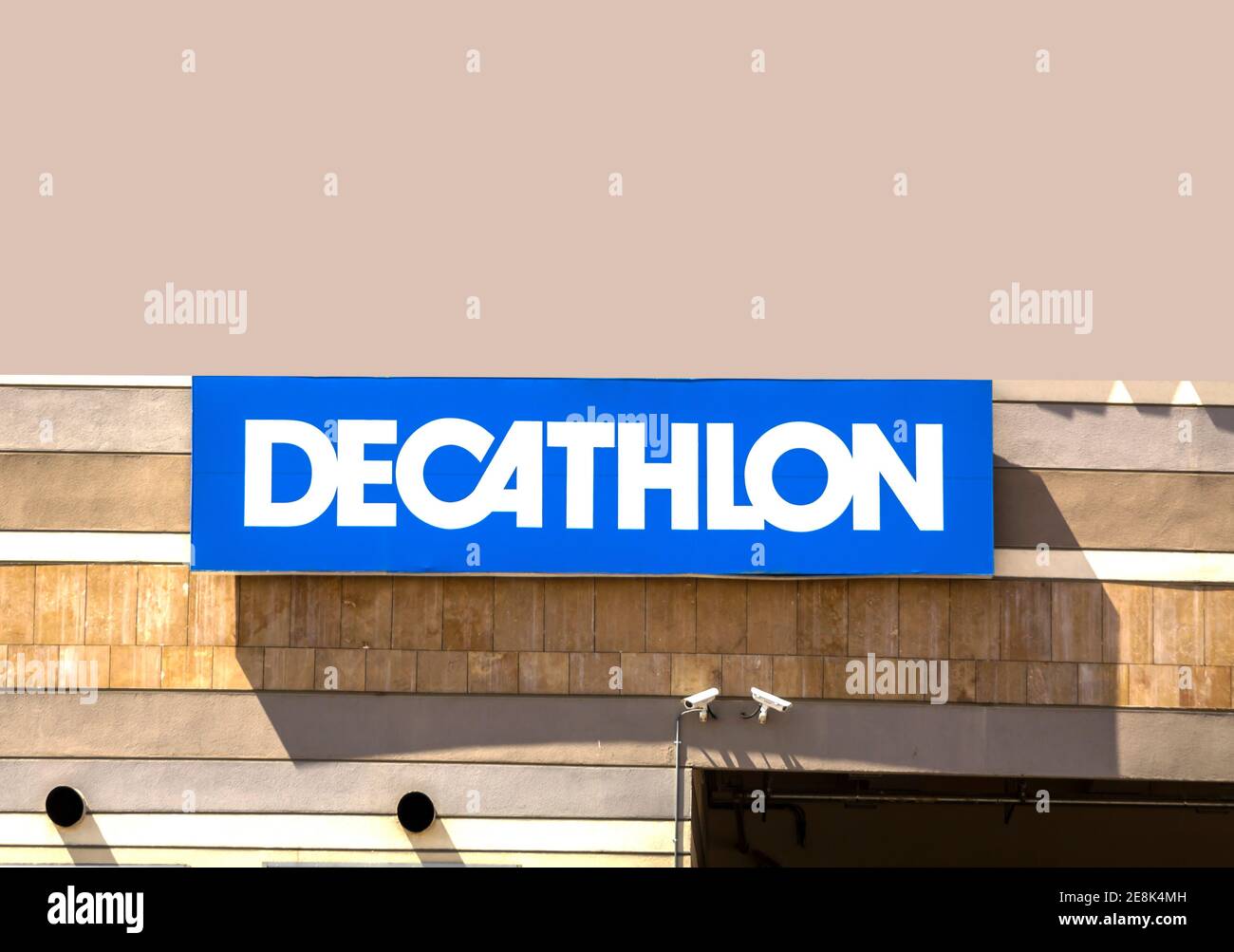 Izmir, Turkey, The logo of Decathlon S.A. - French international sporting goods retailer. Decathlon is the largest sporting goods retailer in the worl Stock Photo