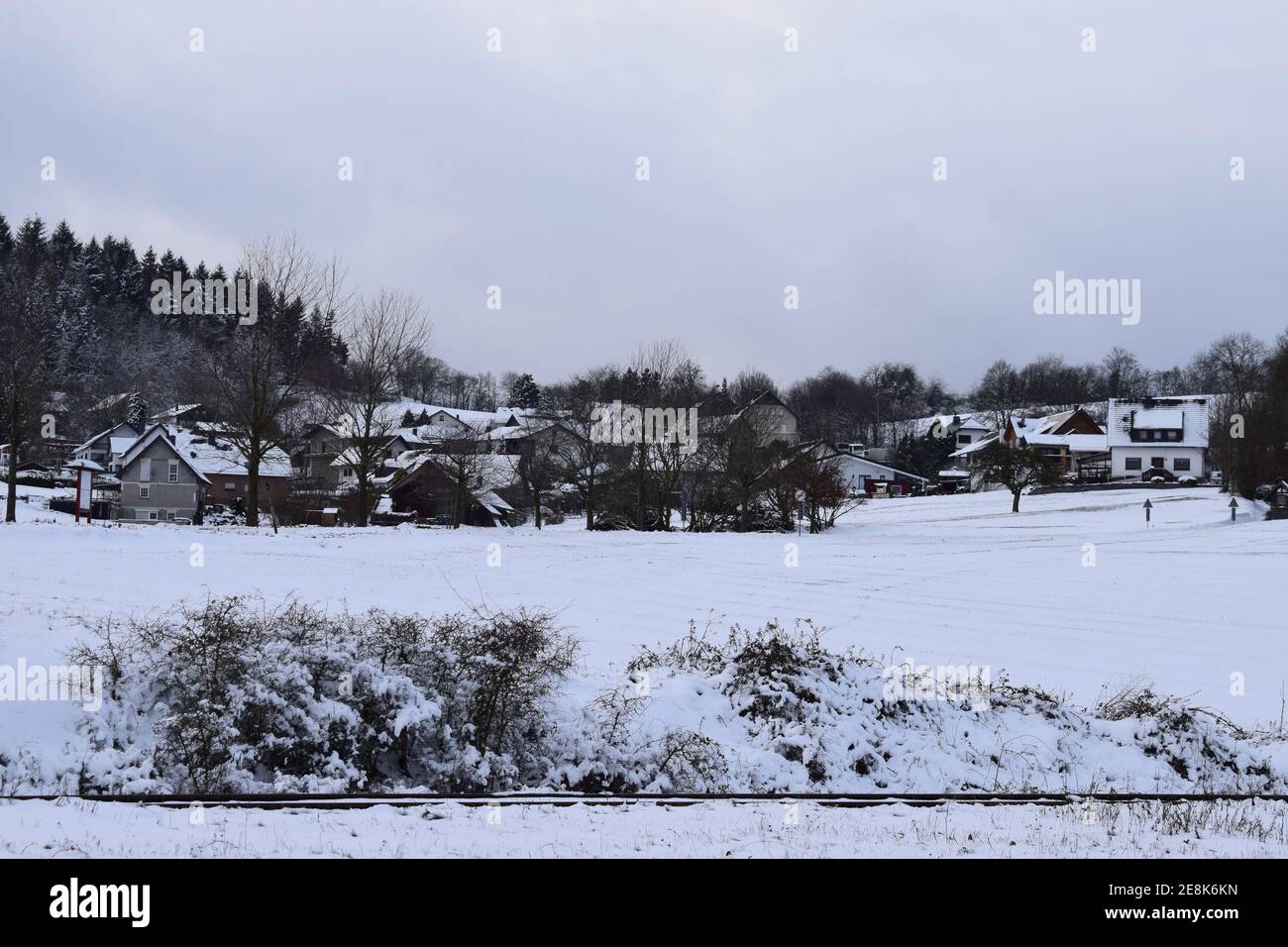 snowy Eifel at village Engeln Stock Photo