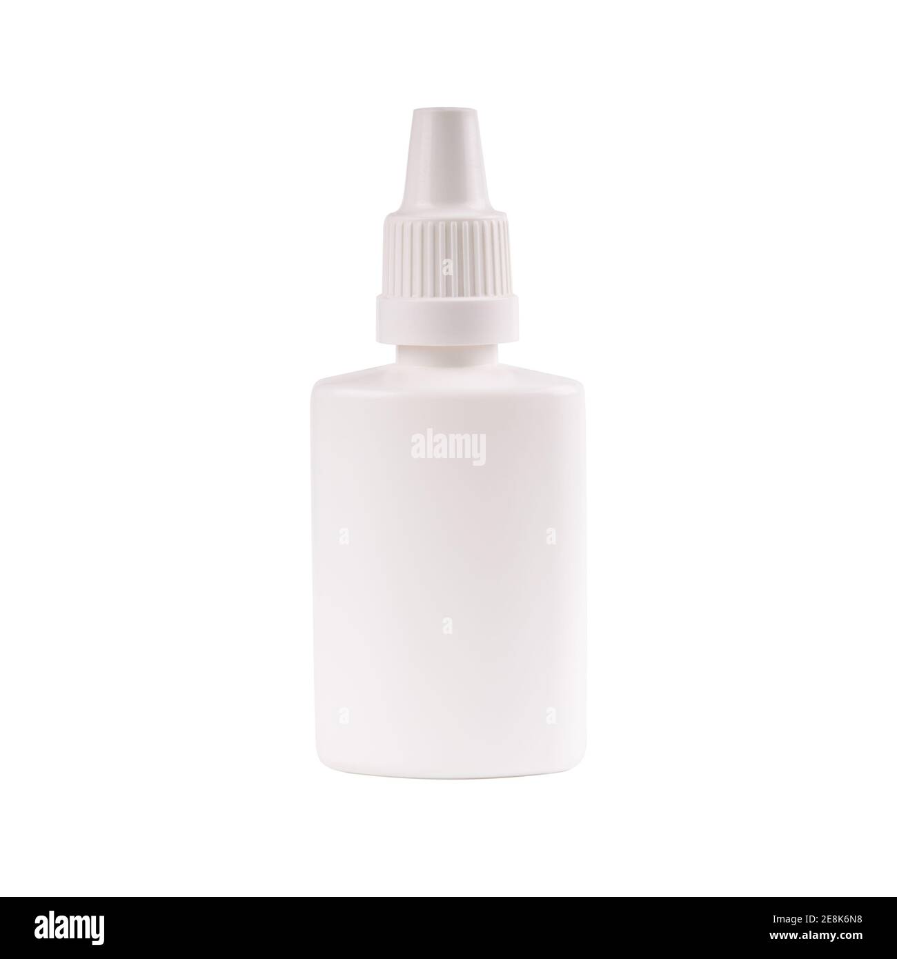 white medical bottle of nasal spray. aerosol care for allergy. isolated on white background. blank for text Stock Photo